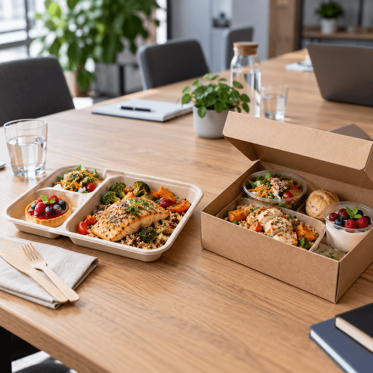 Plateau-repas compartimenté et box déjeuner individuelle comparés sur une table de réunion au bureau
