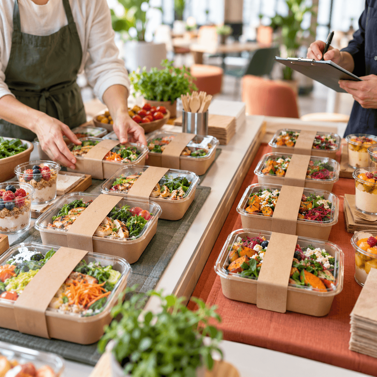 Deux groupes distincts de boxes repas préparés pour deux services dans un espace de pause au bureau