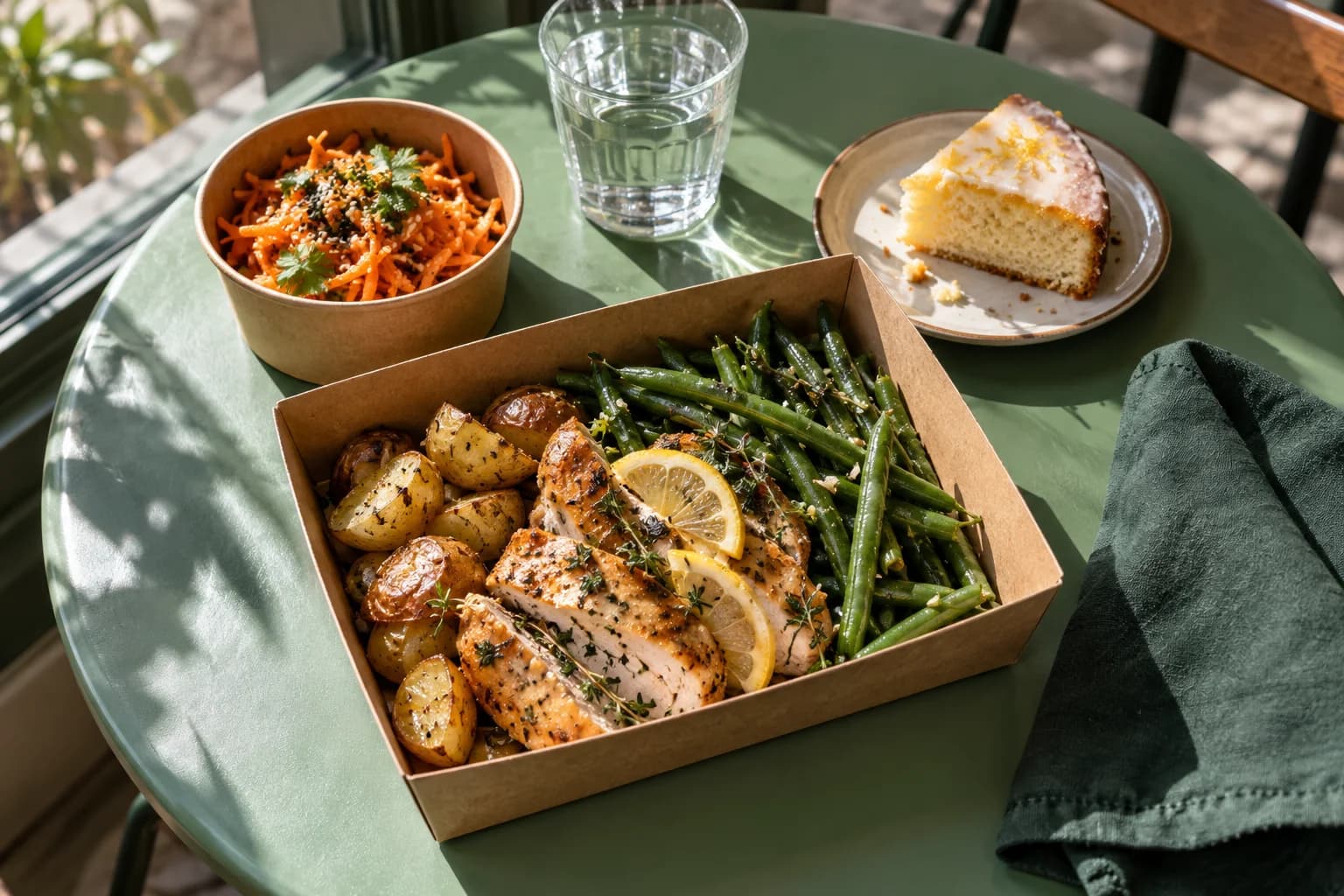 Déjeuner avec poulet citron, salade de carottes et dessert sur une table lumineuse